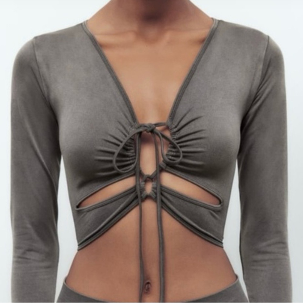 Zara Gray Long Sleeve Cut-Out Top